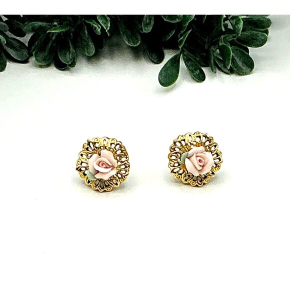 Vintage Porcelain Rose Gold Filigree Stud Earrings - Picture 2 of 3